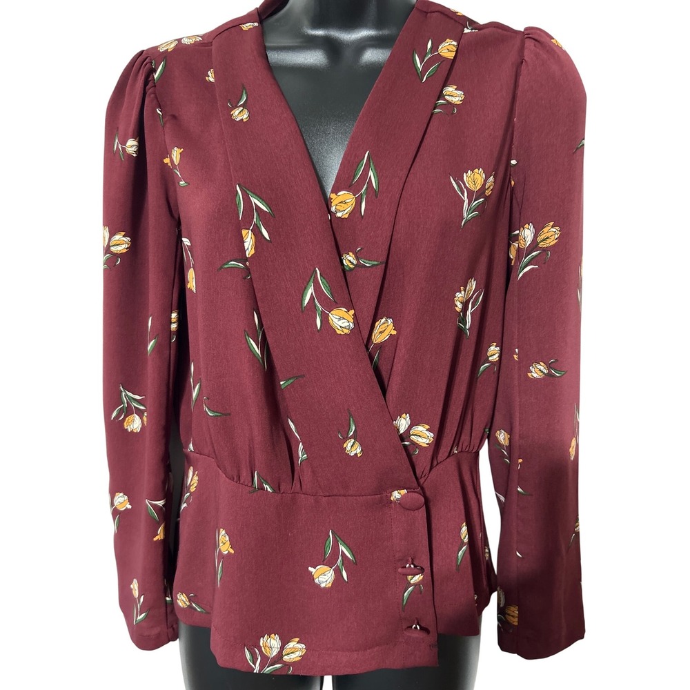 Elodie XS Floral Tulip Blouse Long Sleeve Maroon Elegant Wrap Front